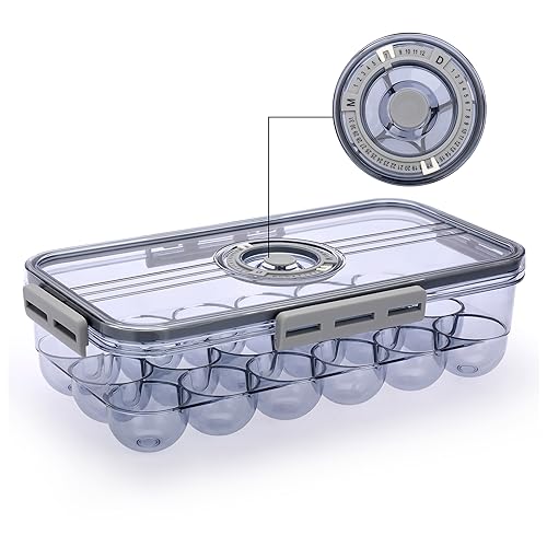Image of BTSKY Premium Plastic Egg Holder for Fridge - 18 Count Egg Container for Refrigerator, Egg Organizer, Plastic Egg Storage Box with Time Reminer and Lid- Reusable Egg Carton Tray Stackable