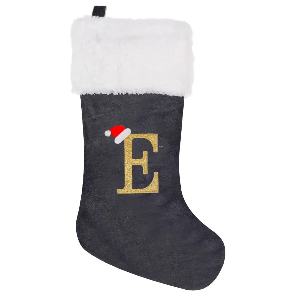 GALER 20 Inches Christmas Stocking, Personalised Christmas Stockings with Letters, Soft Initial Xmas Stocking Large Monogram Xmas Stockings Gold Name Gift for Holiday (E)