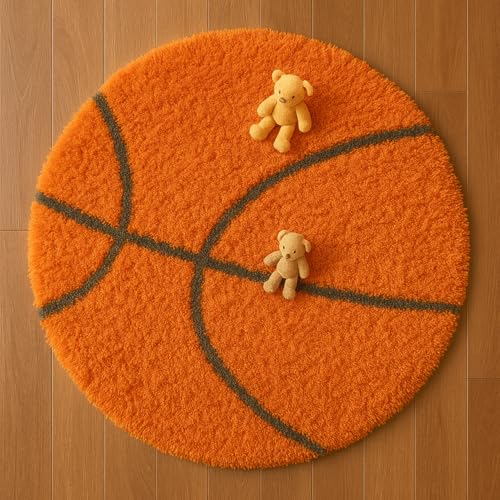Image of Modern Shaggy Round Rug | Ultra-Soft Plush Circle Carpet for Living Room, Bedroom, Nursery | Fuzzy, Fluffy Area Rug with Non-Slip Base Orange Ball 6x6 feet
