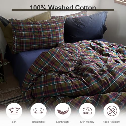 Image of EAVD Vintage Buffalo Plaid Duvet Cover Twin Soft 100% Washed Cotton 3-Piece Colorful Checkered Grid Bedding Set for Boys Girls Reversible Retro Gingham Comforter Cover with Zipper Closure