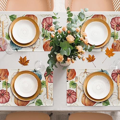 Seliem Fall Colorful Teal Pumpkin Placemats Set Of 4, Thanksgiving Blue Watercolor Dining Table Place Mats Home Kitchen Decor, Autumn Washable Cotton Linen Rustic Farmhouse Decorations 12 X 18 Inch #TOP6