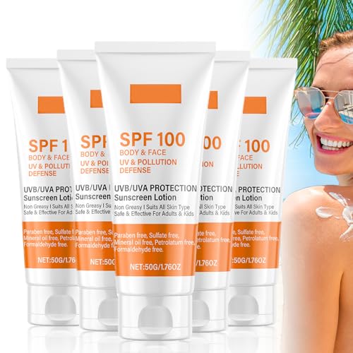 Sunscreen SPF 100, Protección Solar SPF 100, Cuerpo y Cara Protección Solar, con UVB/UVA Loción de Protección Solar 50g, Textura Ligera, No Grasa, Se Adapta a Todo Tipo de Piel (5 pieza)