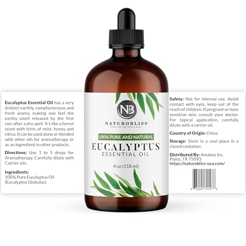 NaturoBliss Essential Oil with Glass Dropper - 100% Pure and Natural - Essential Oils for Diffuser, Aromatherapy, Soap and Candle Making, Eucalyptus Essential Oil, Eucalyptus Oil, 4 Fl Oz