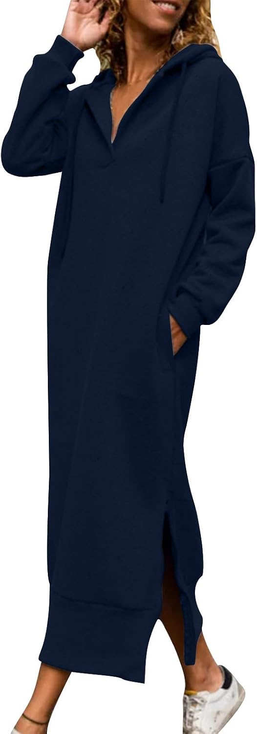 Women Hoodies Maxi Dress Long Sleeve Drawstring Slit Casual Loose Hooded Sweatshirt Fall Solid Dresses with Pocket