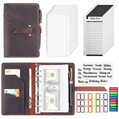 Leather Binder Budget with Cash Envelopes, Handmade Leather A6 Binder for Money Saving Planner, Cash Envelopes for Budgeting, Money Organizer for Cash - Coffee Cover