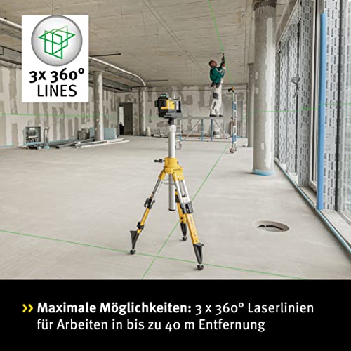 Stabila 12-V-System Kreuzlinienlaser LAX 600 G, selbstnivellierend, 3 x 360° grüne Laserlinien, max. Reichweite: 40 m, Tragekoffer, Universal- und Wandhalterung (ohne Akku und Ladegerät), 19794, Gelb