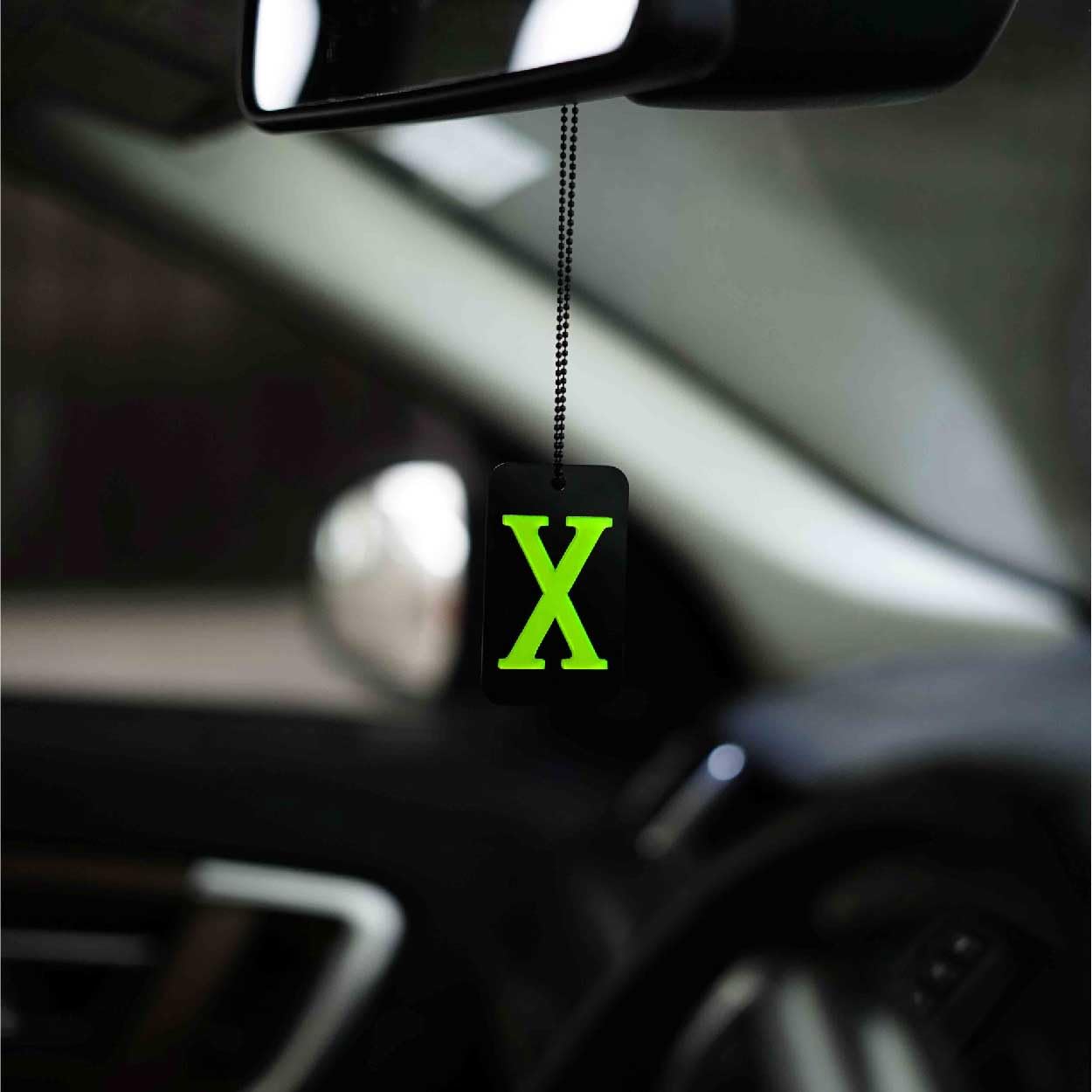 Croapo Acrylic Fluorescent Green X Hanging Car Accessory – Premium Black Mirror Tag with Chain for Interior Decoration, Stylish Automotive Ornament-image-22