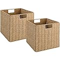 Vagusicc Wicker Baskets, Set of 2 Hand-Woven Storage Baskets for Shelves with Handles, Foldable Cube Wicker Storage Basket Bins Organizer 13 Inches Large Woven Baskets for Storage Organizing & Decor