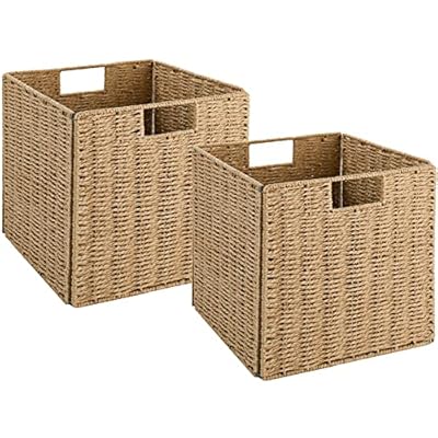 Vagusicc Wicker Baskets, Set of 2 Hand-Woven Storage Baskets for Shelves with Handles, Foldable Cube Wicker Storage Basket Bins Organizer 13 Inches Large Woven Baskets for Storage Organizing & Decor