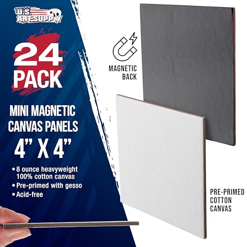 U.S. Art Supply Mini Magnetic Canvas Panels, 24 Pack, 4x4 Inch, Primed 8 Ounce Heavyweight Cotton, Small Canvases for Painting Acrylic and Watercolor, White Square Flat Canvas Boards