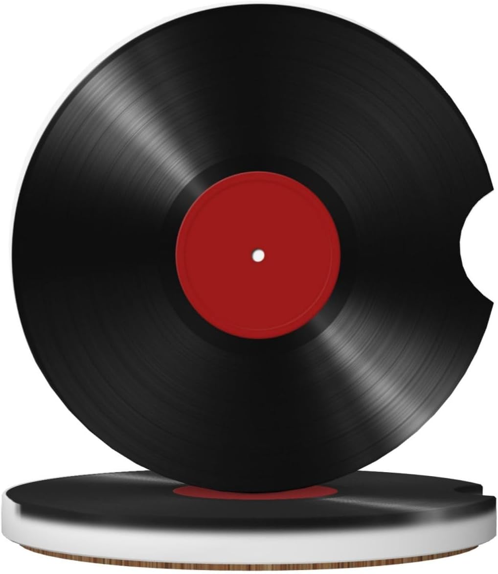 Car Coaster for Cup Holders, Red Vinyl Record Isolated, 2 Pack, Absorbent Ceramic Coaster with Cork Base, Universal Size 2.56" with Finger Notch