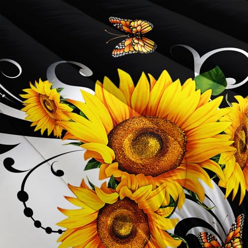 Image of AILONEN Black and White Floral Comforter Set Queen Size, Yellow Sunflower Bedding Set for Girls Kids Women,Soft Lightweight Microfiber Duvet Set 3 Piece All Season,1 Comforter with 2 Pillowcases