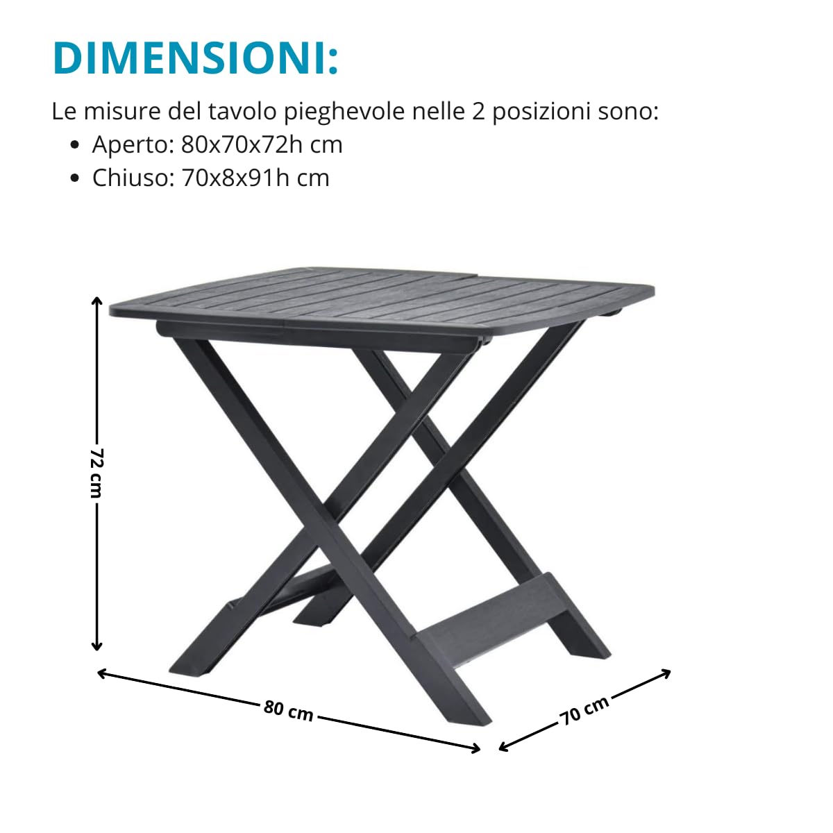 Tomaino - Tavolo Plastica Pieghevole - Tavolo Da Giardino Salvaspazio Richiudibile 79x70x72 cm - Interno, Esterno, Campeggio (Antracite)