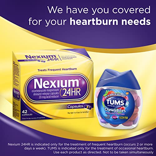Nexium 24Hr Acid Reducer Capsules, Heartburn Relief Medication With Esomeprazole Magnesium 42 Count, Tums Chewy Bites Assorted Berries Chewable Antacid Tablets For Upset Stomach Relief 32 Count Bundle #TOP6