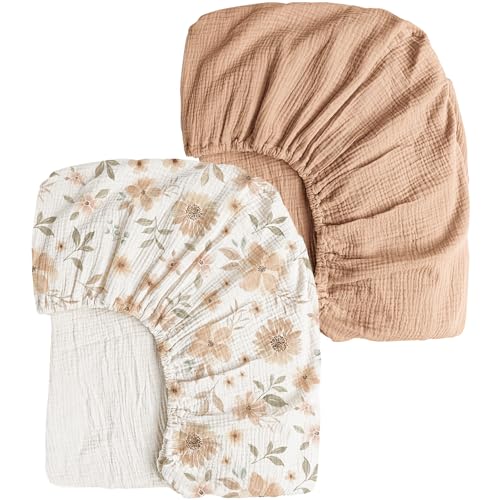 Image of Konssy Muslin Crib Sheets 2 PCS 100% Cotton Baby Crib Sheets for Standard Crib Mattress (28" x 52"), Soft and Breathable for Boys, Girls (Toffee, Flourish)
