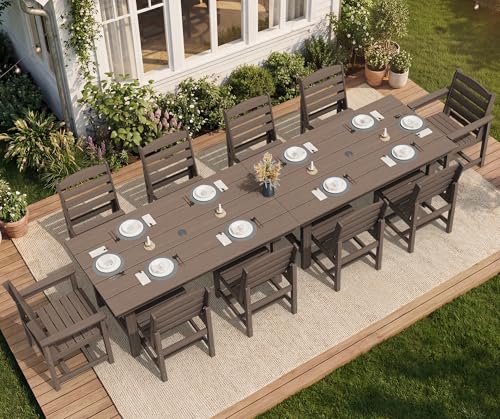Image of SERWALL Patio Dining Sets for 10 Person, HDPE Dining Set with 2 Tables, 8 Armless Chairs and 2 Armed Dining Chairs, Coffee