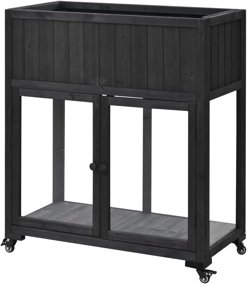 Compact Wooden Cold Frame Greenhouse with Dual Doors and Mobility Wheels for Season Extension, Indoor Outdoor Gardening Use (Black + Wood + Casual)