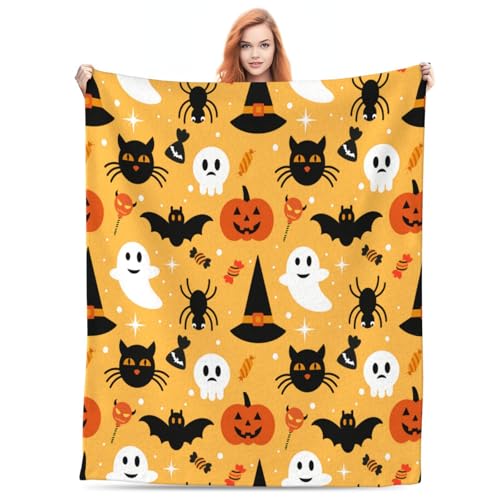 KoMico Couverture polaire d'Halloween avec toile d'araignée et chauve-souris – Idéal pour chambre d'enfant, salon, canapés, et décoration d'intérieur (jaune, fantômes, citrouilles, château)