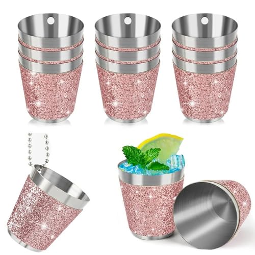 TANGHSE 14 vasos de metal para colgar, 30 ml, vasos de chupito de acero inoxidable con cadena, vasos de chupito, color rosa, para bodas, despedidas de soltero, carnaval, fiestas, vasos de chupito para