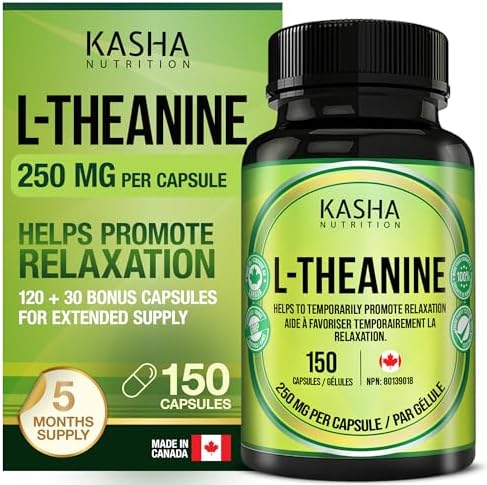 High Potency & Purity L Theanine supplement 250mg (150 Capsules, 5 Month Supply) - Promotes Relaxation for Men and Women | Stress Support, Mental Calmness, Relax | 5 Month Supply | Vegan, Non-GMO and Made in Canada. Kasha Nutrition