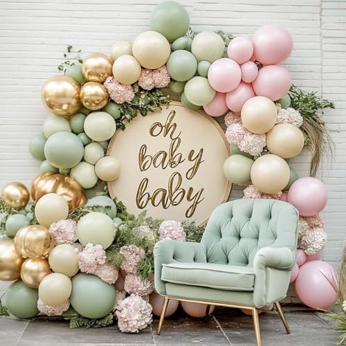 Dusty Green Pink Balloon Arch Double Stuffed, Sage Mint Green Baby Pink White Sand Cream Gold Pastel Balloon Garland Kit for Baby in Bloom Birthday Bridal Wedding Valentines Party Decoration