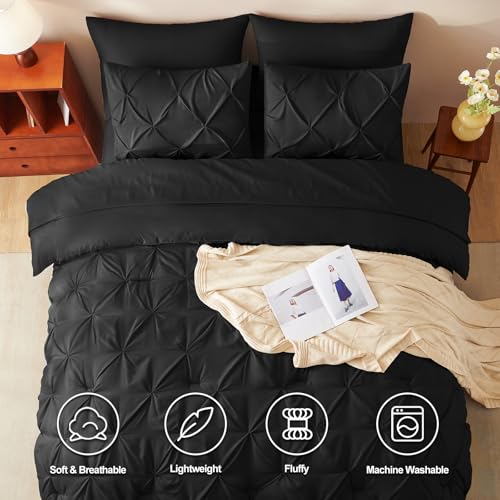 CozyLux King Size Comforter Set Black, 7 Pieces Pintuck Bed in A Bag Black Comforter King Size, Pinch Pleat Bedding Set with All Season Comforter, Sheets, Pillowcases & Shams