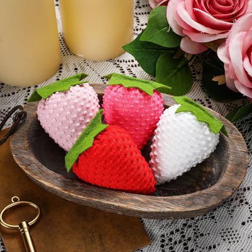 Wonderjune 12 Pcs Artificial Fabric Strawberries Decor Fake Fabric Strawberries Bowl Filler for Spring Home Farmhouse Ornaments Wedding Kitchen Home Decor