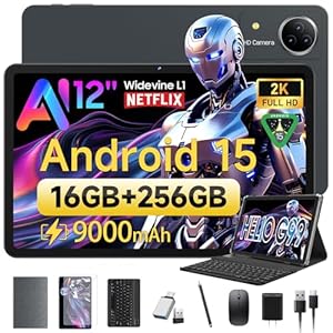 FEONAL Tablet | 12 Zoll 2K Display | 16(8+8) GB RAM+256GB ROM (2TB TF) | 5G WiFi Tablets-PC | Helio G99 Gaming Tablet | 21MP | 9000mAh | Widevine L1 | GPS | BT5 | Android 15 mit Gemini AI | Grau