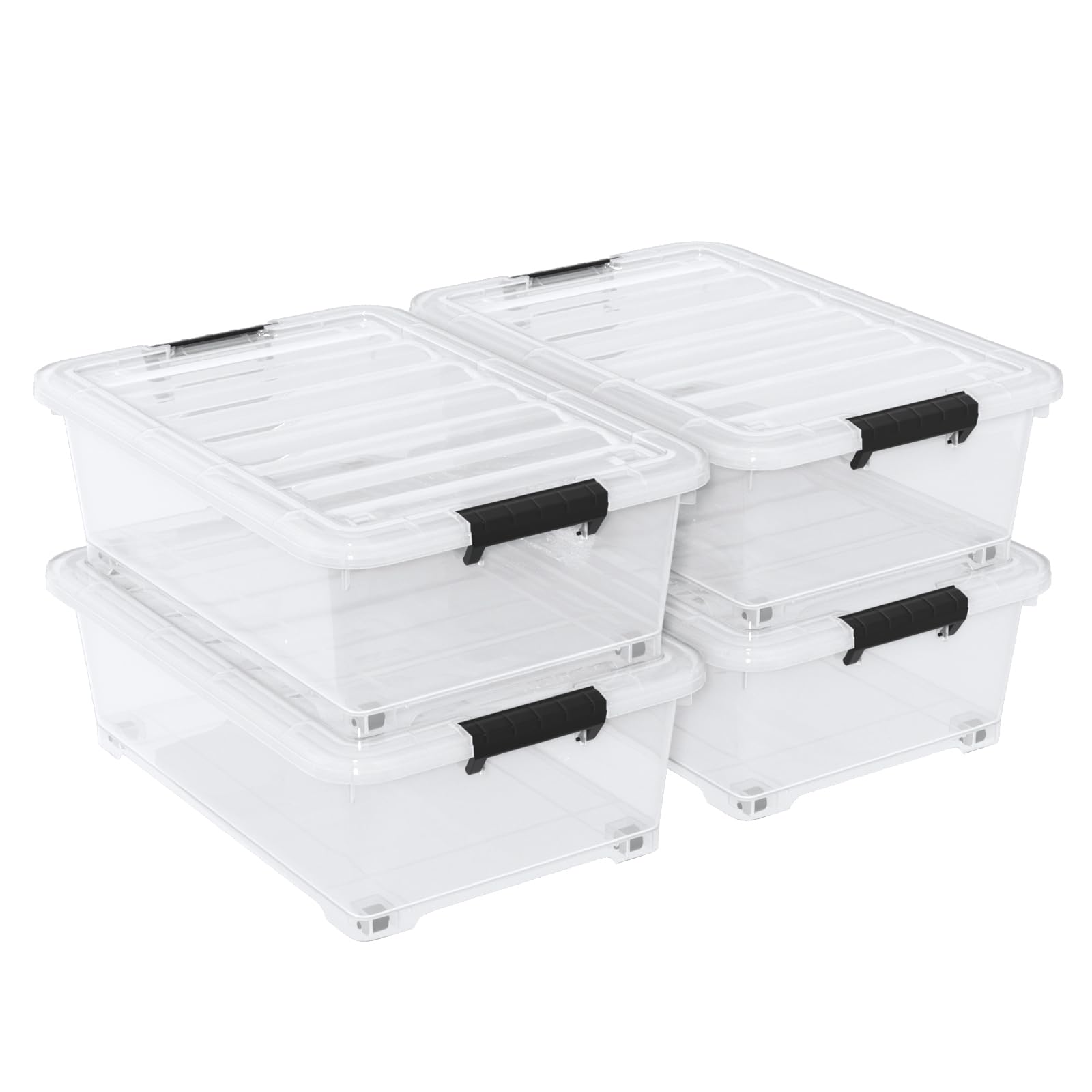 ( incomplete. only 3 of 4 ) 4 Pack Multipurpose 25 Qt Underbed Secure Latching Bin, Plastic Storage Container with Snap-On Lid and Wheels, Clear