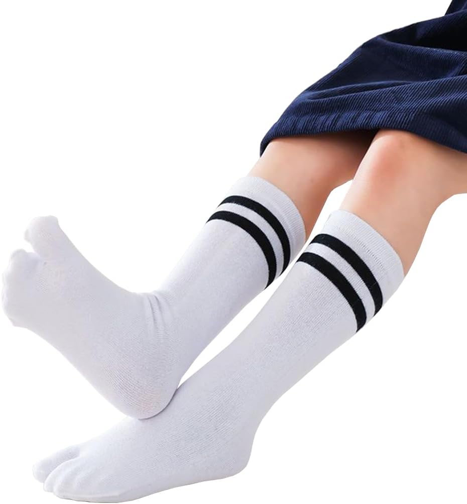 5 Pairs Flip Flop Split Toe Tabi Socks Cotton Long Calf High Striped Socks for Kids Boys Girls 3-12 Years