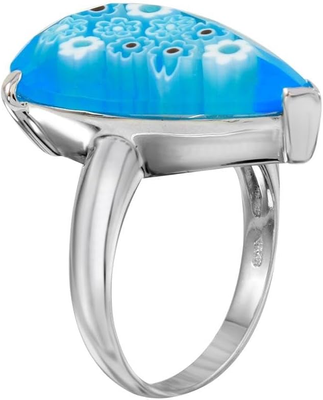 Rhodium Plated 925 Sterling Silver Blue Teardrop Simulated Murano Glass Ring Sizes 6-8