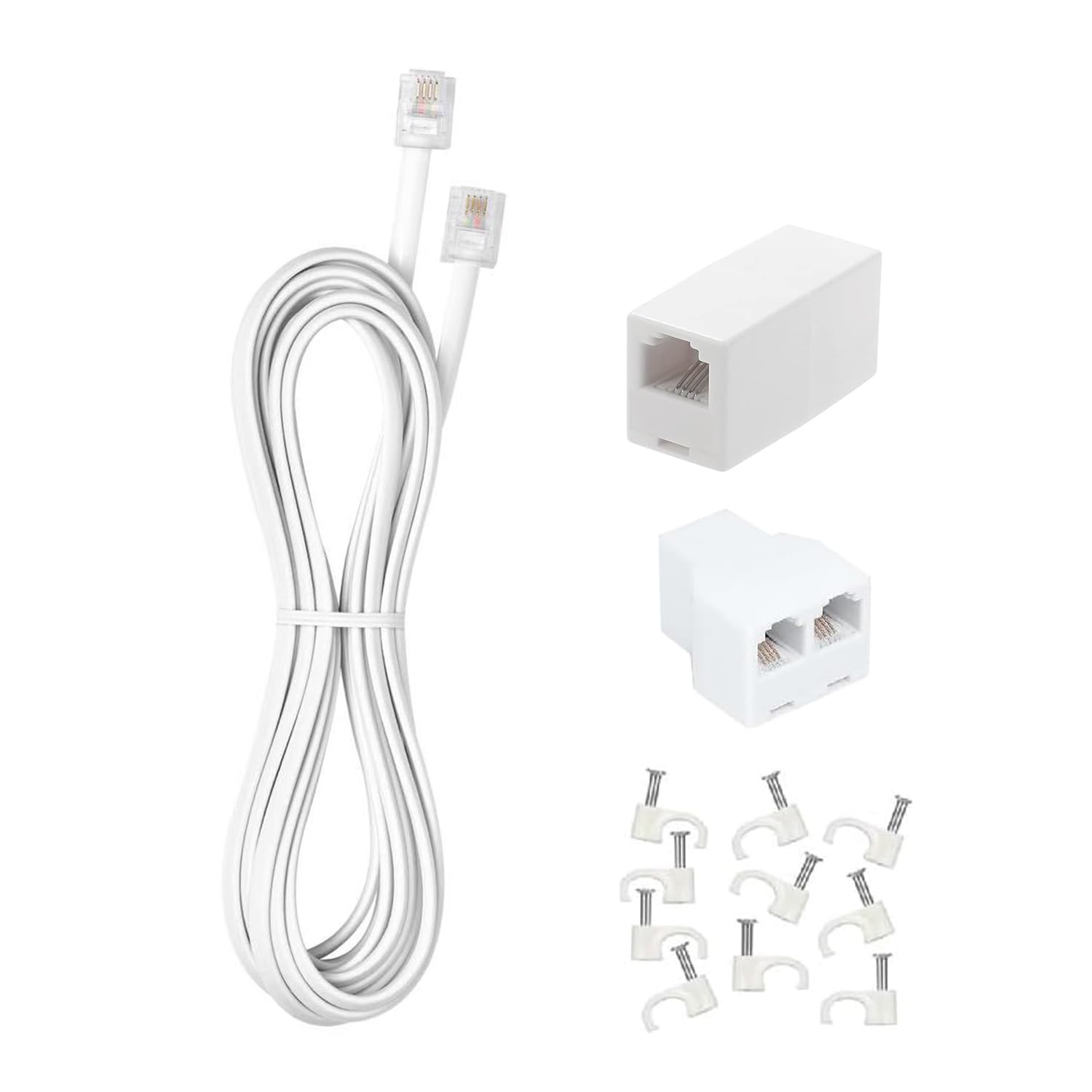 Long Telephone Extension Cord 6 FT, White, Phone Cable Line Wire with Standard RJ11 Plug, 1 Phone Line Splitter, 1 in-line Coupler and 10 Cable Clips for Telephone Calling Communication