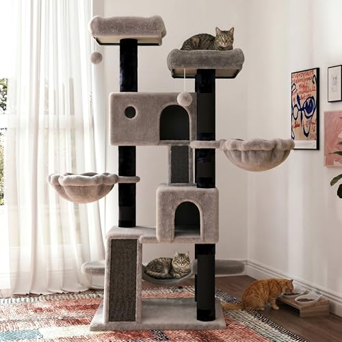 Image of SHA CERLIN 65in Larger Cat Tree Tower Condo for Indoor Kitties /Multi-Level Furniture Activity Center with Wide Base /Cozy Plush Perches /Baskets /Sisal Scratching Posts and Hammock /Black & Grey