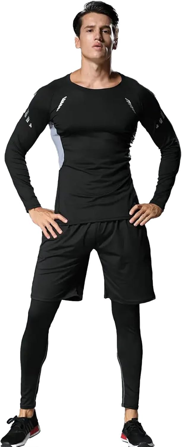 3 PCS Men's Compression Set - Workout Long Sleeve Top & Pants with running Shorts | Moisture-Wicking Gym Bundle - Image 4