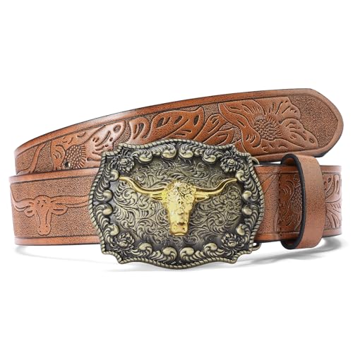 SENDEFN Western Cowboy Belt for Men Women Longhorn Bull Buckle Belts Floral Engraved Embossed Pattern 1.5
