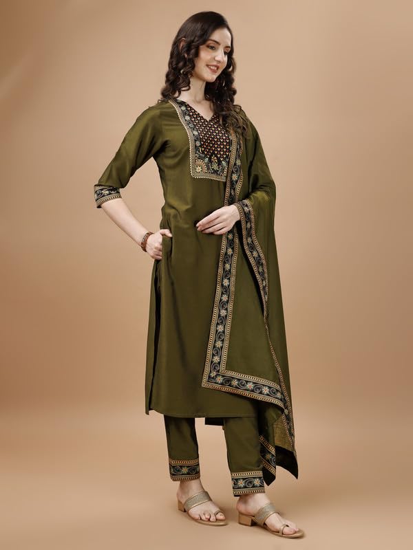 Image of MOJILAA Women's Silk Kurta Set (MJ0083-SKD-NP-L Green