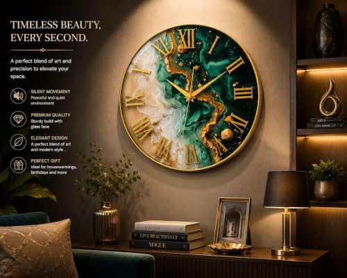 Image of Resin Art Wall Clock with Gold Roman Numerals, Green & Gold | Rasin Effect Dial, Gold Metal Frame, Fluid Art Design, Home Decor, Round Shape