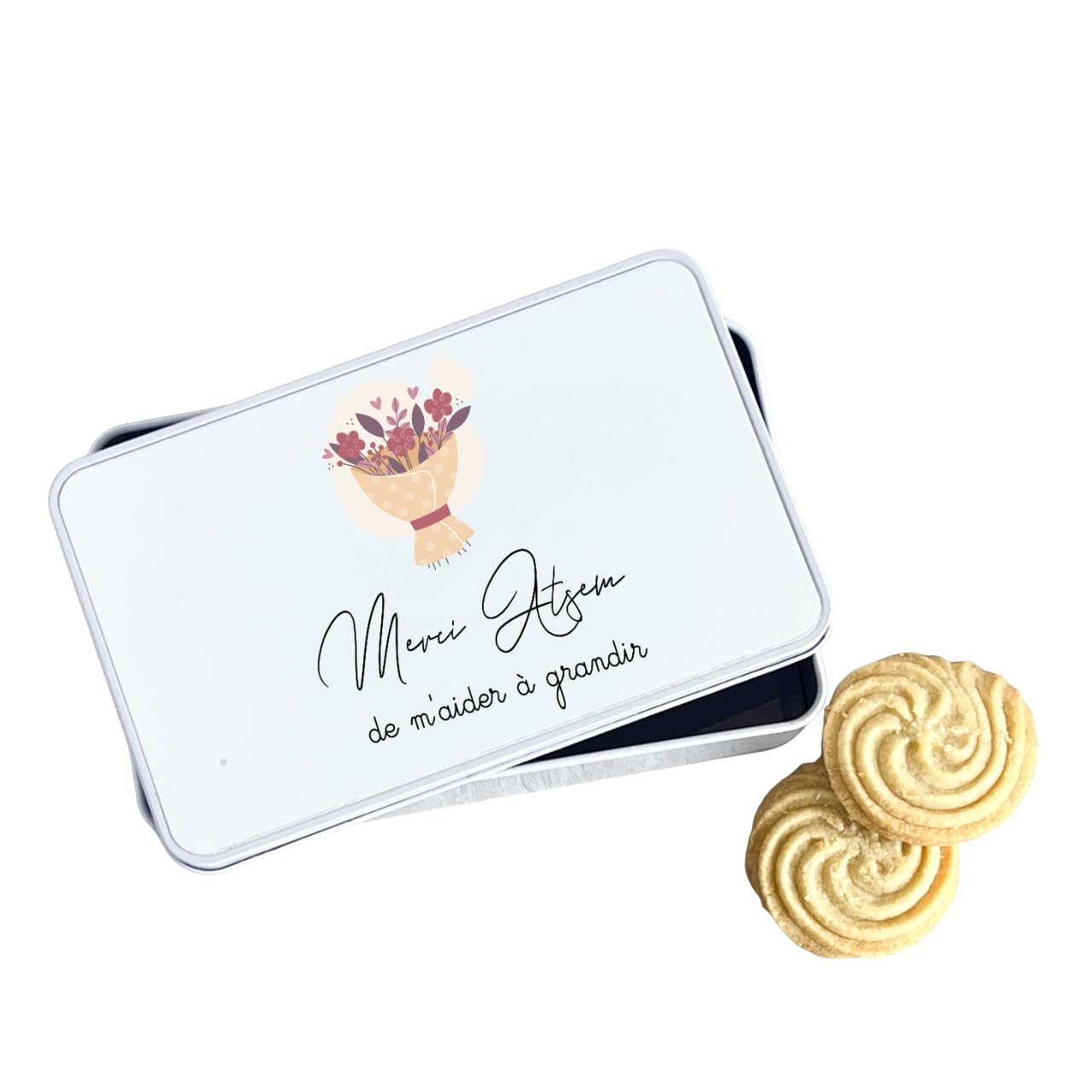 Boîte à Biscuits en Aluminium 18x10 cm – Merci ATSEM de m’aider à Grandir – Personnalisable avec Prénom – Texte Modifiable – Cadeau Fin d’Année Scolaire