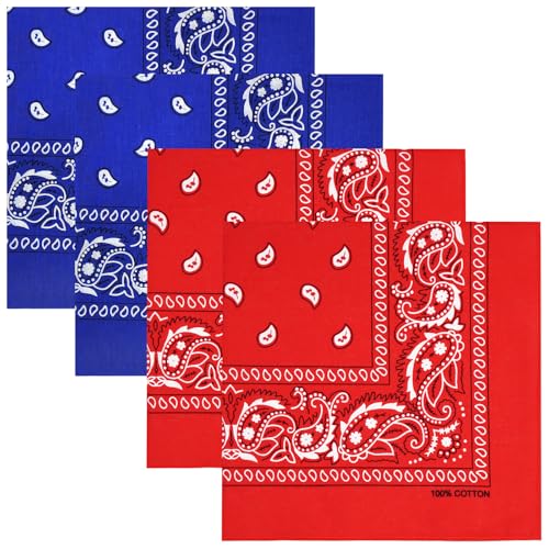 Gorgeous Island 4 Pack 100% Cotton Bandanas 22x22 inches -Blue/Blue/Red/Red