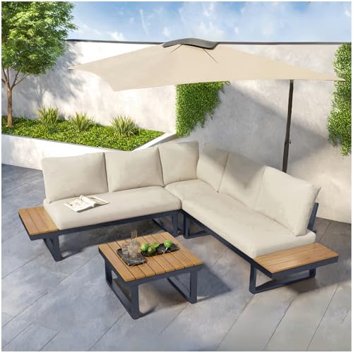 【Aspetto elegante】: i cuscini di seduta beige sono abbinati a tubi in acciaio zincato verniciati a spruzzo di colore grigio e a pannelli in plastica con venature di teak, dall'aspetto elegante e raffinato, che aggiungono modernità e gusto al vostro spazio esterno.