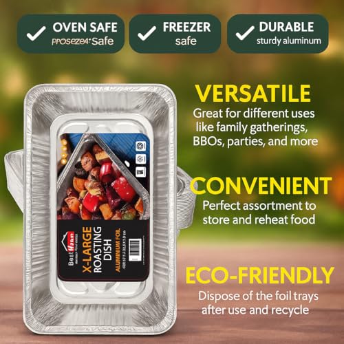 BH | 10 Pack XL Aluminium Foil Trays (52.5 × 32.5 × 7.9 cm) | Heavy-Duty Baking & Roasting Pans | Oven-Safe, Recyclable, Disposable Food Containers – Please Check Size Before Purchase