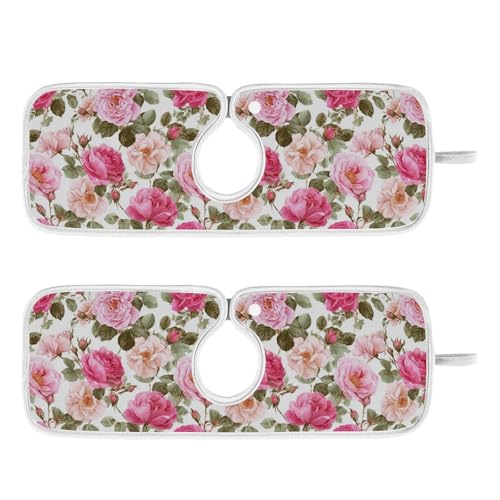Kitchen Faucet Absorbent Mat,Pink Rose Flower Floral Water Splash Guard for Sink, Faucet Drip Catcher Thicken Sponge Microfiber Faucet Water Catcher Mat Sink Absorbent Mat for Kitchen 14x5in 2 Pack