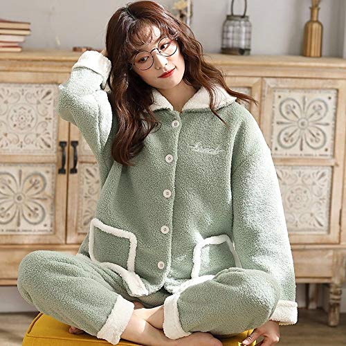 ZHRDRJB Schlafanzug Damen Pyjama Set,Herbst Winter Flanell Dick Warme Sleepwear Grün Langarm Turn-Down Kragen Homewear Pyjamas Anzug Lose Weiche Nachthemd Weiblich, XL Cover