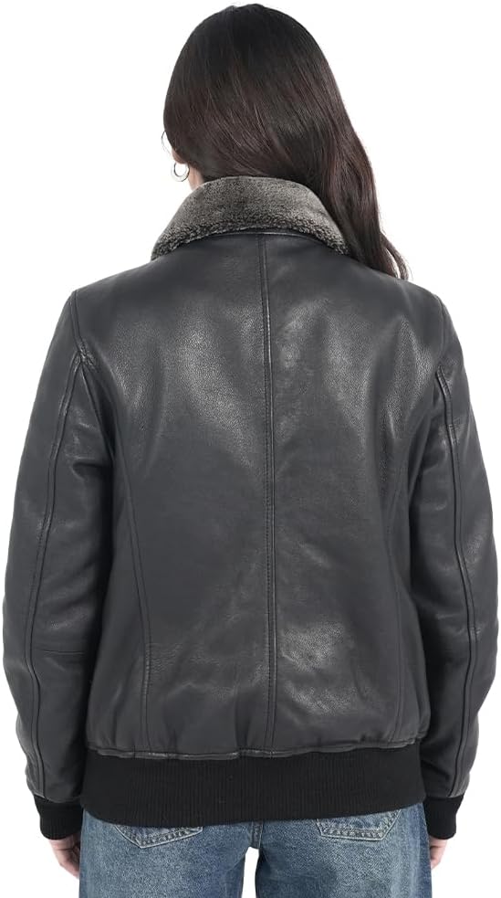 STREGA Womens leather jacket Lambskin Bomber Jacket-detachable snow top faux fur collar Black Leather jacket women. - Image 2