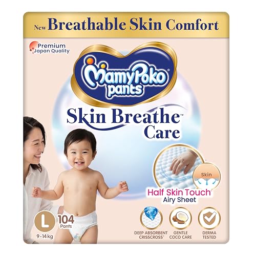Image of MamyPoko Pants Skin Breathe Care | Baby Diapers Large Size (L) | 104 Count | 9-14Kgs | Half Skin Touch Airy Sheet | 3X Breathable | Derma Tested