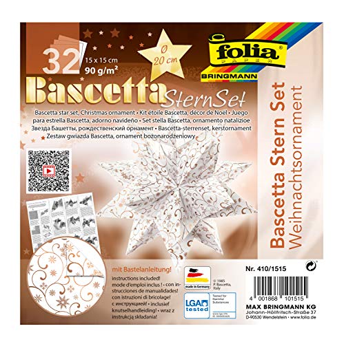 folia 410/1515 - Bastelset Bascetta Stern Weihnachtsornament, weiß/kupfer, 32 Blatt, 15 x 15 cm, fertige Größe des Papiersterns ca. 20 cm, mit ausführlicher Anleitung - ideal zur zeitlosen Dekoration