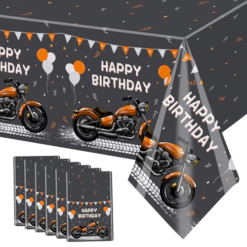 Image of MEHOFOND 6pcs Motorcycle Birthday Plastic Tablecloth, Black and Orange Motocross Racing Happy Birthday Disposable Table Cover, Extreme Sports Birthday Party Decorations, Rectangle 108 x 54 Inch