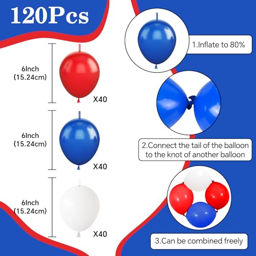 Image of Red Blue White Link Balloons,120Pcs 6Inch Red and Blue Latex Linking Balloons for 4th of July Independence Day Birthday Usa Patriotic Party Decorations