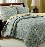 Cozy Line Home Fashions Heritage Country Cottage Classic 100% Cotton Reversible Quilt Bedding Set, Coverlet, Bedspread (Green Paisley, Queen - 3 Piece)