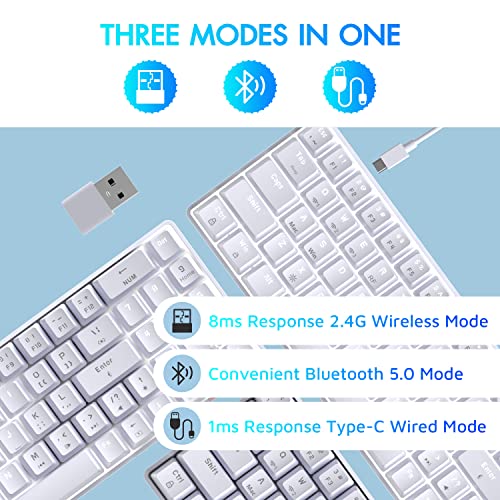 Image of LexonElec 60% Wireless Mechanical Gaming Keyboard, 2.4G /Bluetooth /Wired 69-Key Compact Keyboard with Numpad, Hot Swappable Red Switch White Backlit Programmable for Win /Mac (White)